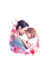 Lovely portrait of a dad and his daughter in arms with some flowers in watercolor painting style for Fathers Day social media post background, AI generated