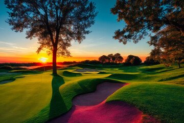Digital landscape photo of golf course at sunrise. Concept of ecological environment. Generative AI - obrazy, fototapety, plakaty