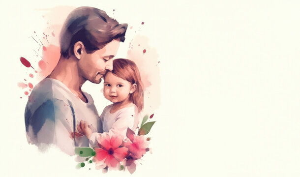 Fathers Day greeting card background with a portrait of dad and his daughter in arms in watercolor style and copy space, AI generated