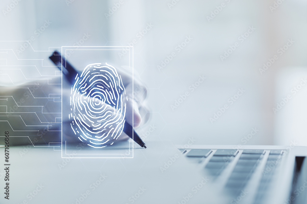 Poster abstract creative fingerprint illustration with hand writing in diary on background with laptop, per