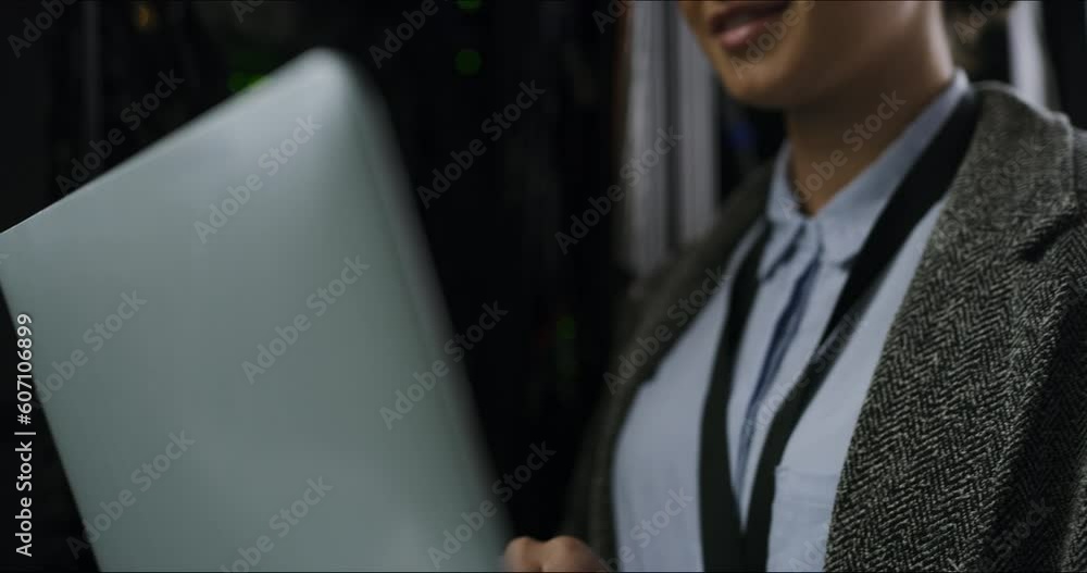 Leinwandbilder Server room, laptop and cyber security technician typing code, programming and cloud computing online or on the web. Data, database and female person or programmer smile while coding in a datacenter