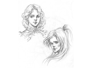 Fototapeta premium sketch of two girls pencil drawing for card decoration illustration