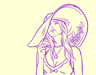 girl with long hair in big hat vector for card decoration illustration