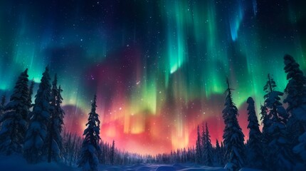 Aurora borealis. Winter landscape of northern lights over the forest. Generative AI.