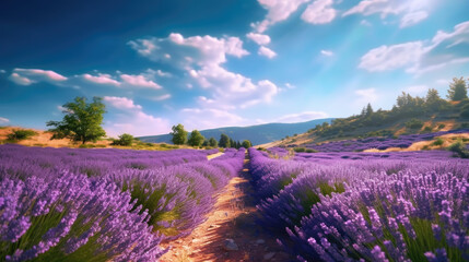 Naklejka na ściany i meble Blooming rows of lavender in the south of France in summer with its iconic purple blossoms.