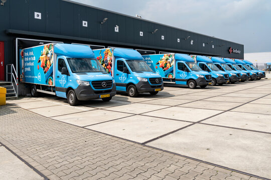 ZWOLLE, NETHERLANDS - MAY 8, 2023: Tielbeke Albert Heijn Mercedes-Benz Sprinter Delivery Vans At Warehouse