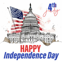 A poster for the united states of America Independence Day with the Washington DC building and flag with the text happy independence day 