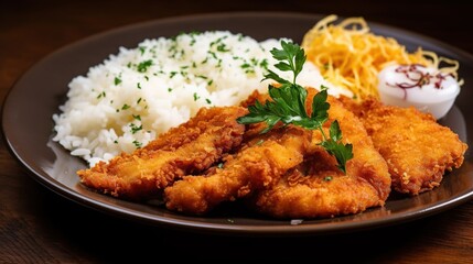 Fototapeta premium Schnitzel with rice and sauce. Generative AI