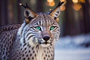 Digital photo of a The Ussuri Lynx in winter coniferous forest on the snowy branches of a fir tree. Wildlife imagery, the concept of ecological environment. Generative AI