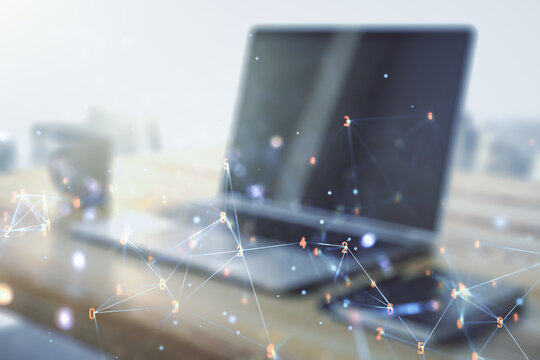 Creative concept of wireless technology and modern desktop with computer on background. Big data and database concept. Multiexposure