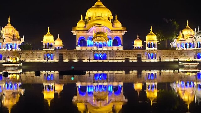 night view, sacred place kusum sarovar on govardhan hill, temple in india, place of pilgrimage