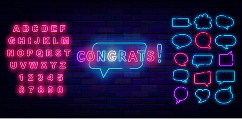 Congrats neon sign. Speech bubble frames collection. Shiny pink alphabet. Vector stock illustration