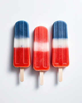 Three fruit colorful popsicles in blue, red and white colors. Top view, minimal image.  AI generative