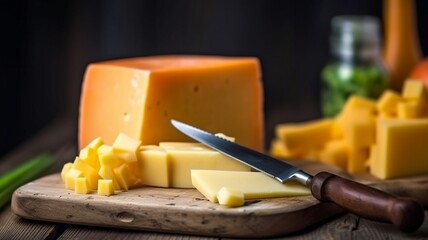 Gouda cheese with cutting board on wooden kitchen table Generative AI