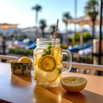 Homemade refreshing summer lemonade drink with lemon slices and ice in mason jars, in open air caffe on sea coast.