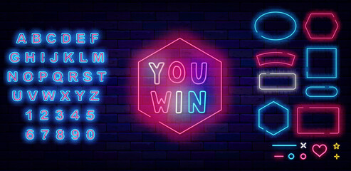 You win neon label. Geometric frames collection. Handwritten funny kids text. Vector stock illustration