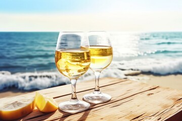 Delicious bottle of wine on the beach Generative AI