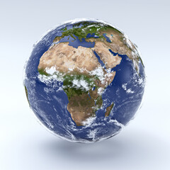 Earth Day, clouds earth planet in the space, 3d rendering, Africa, Europe, Madagascar. 