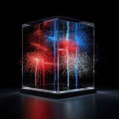 Fireworks in a glass box - red, silver and blue. MidJourney.