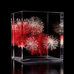 Fireworks in a glass box - red and silver. MidJourney.