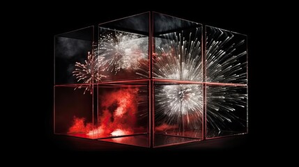 Fireworks in a glass box - red and silver. MidJourney.