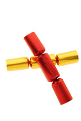 Red and gold christmas crackers isolated png file with copy space
