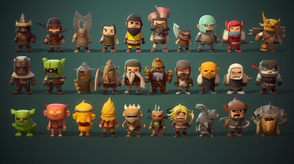 cartoon characters for games, concept art. character set. AI generated image.