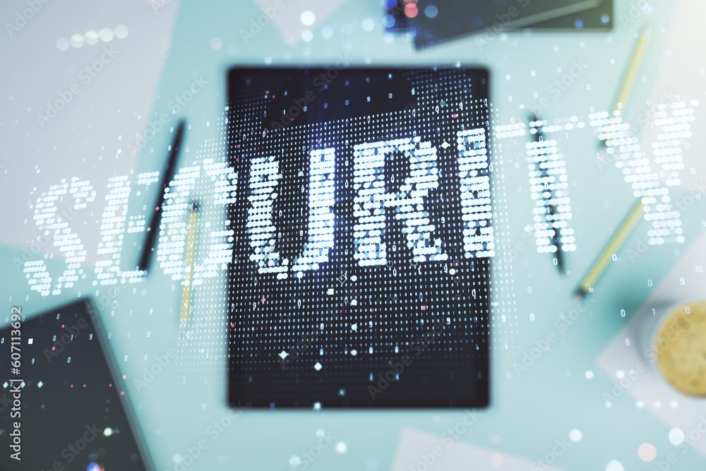 Poster cyber security creative concept and modern digital tablet on background. double exposure