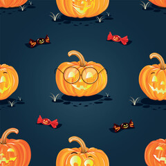 Happy Halloween cheerful seamless pattern. Dark background with smiling orange pumpkins, sweets and witch items in cartoon style for gift wrapping, fabric or paper. Vector
