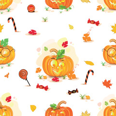 Happy Halloween cheerful seamless pattern. White background with smiling orange pumpkins, sweets and witch items in cartoon style for gift wrapping, fabric or paper. Vector
