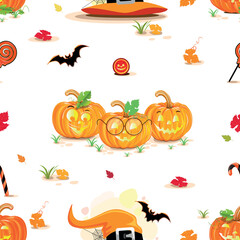 Happy Halloween cheerful seamless pattern. White background with smiling orange pumpkins, sweets and witch items in cartoon style for gift wrapping, fabric or paper. Vector