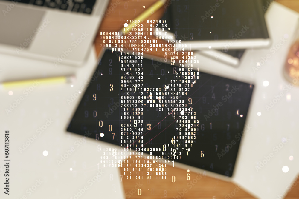 Poster double exposure of creative bitcoin symbol hologram and modern digital tablet on background. mining 