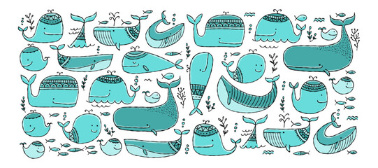 Funny wild whales family. Childish style, turquoise colors. Horizontal background for your design