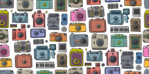 Old fashioned vintage photocamera. Retro and new collection for your design. Seamless pattern background. Vector illustration