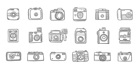 Old fashioned vintage photocamera. Retro and new collection for your design. Icons set. Outline style. Vector illustration