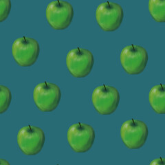 Seamless pattern with green apples on the blue background.