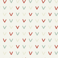 Seamless pattern with small colored checkmarks on a beige background. Shape V.