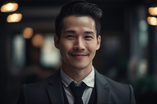 In bright modern office, a 35 years old handsome chinese businessman with large smile. Generative AI AIG18.