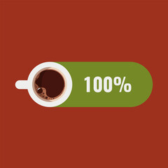 Battery full charge indicator with a cup of coffee on a red background. The battery is fully charged after a coffee break. Top view. Flat vector illustration, eps10