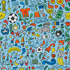Naklejka premium Soccer tournament, football league team international championship. Childish style seamless pattern background for your design. Vector illustration
