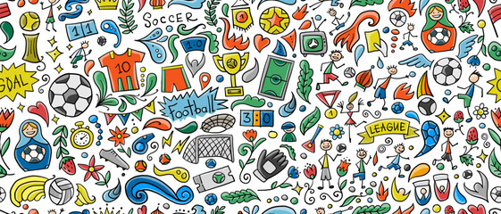 Soccer tournament, football league team international championship. Childish style seamless pattern background for your design. Vector illustration © Kudryashka