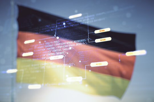 Abstract virtual coding illustration on German flag and sunset sky background, software development concept. Multiexposure