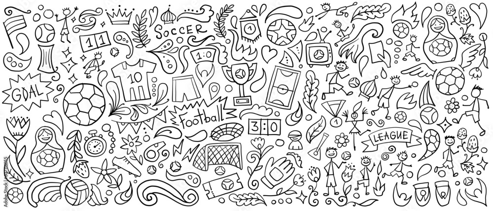 Fototapete Soccer tournament, football league team international championship. Childish style seamless pattern background for your design. Vector illustration