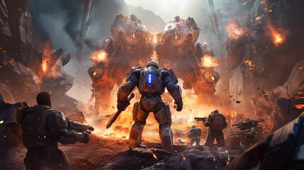 game characters. Action scene with soldiers in armor at war against invading monsters and aliens, science fiction. epic battle. High tech. AI generated image.