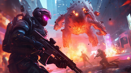 Obraz premium game characters. Action scene with soldiers in armor at war against invading monsters and aliens, science fiction. epic battle. High tech. AI generated image.