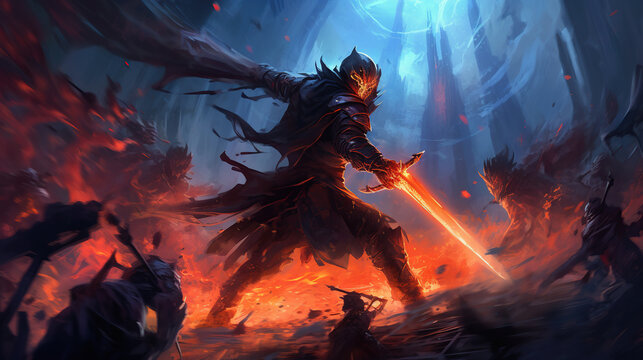 game characters. Action scene with soldiers in armor at war against invading monsters and aliens, science fiction. epic battle. High tech. AI generated image.