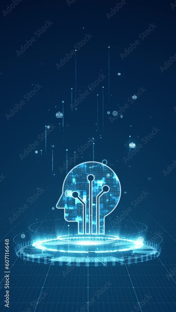 Poster motion graphic of blue digital robot head logo and circle futuristic hud with ai chatbot and machine