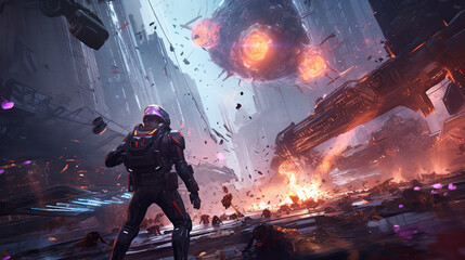 game characters. Action scene with soldiers in armor at war against invading monsters and aliens, science fiction. epic battle. High tech. AI generated image.