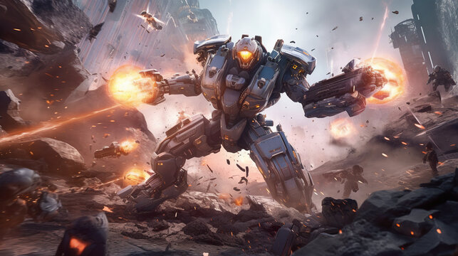 Fototapeta game characters. Action scene with soldiers in armor at war against invading monsters and aliens, science fiction. epic battle. High tech. AI generated image.