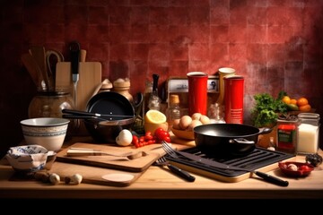 Fototapeta na wymiar kitchen table stove and stuff food photography